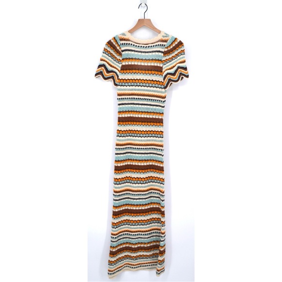 Zara Crochet Knit Maxi Dress Scallop Puff Sleeve Striped Blue Cream Women's S - Picture 6 of 8